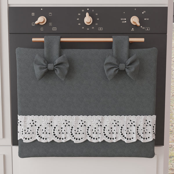 Copriforno Elegante Shabby Chic con Pizzo e Fiocchi Grigio Scuro