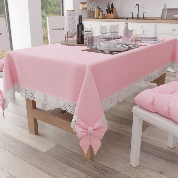 Tovaglia da Tavola Shabby Chic Copritavolo con Pizzo e Fiocchi Rosa