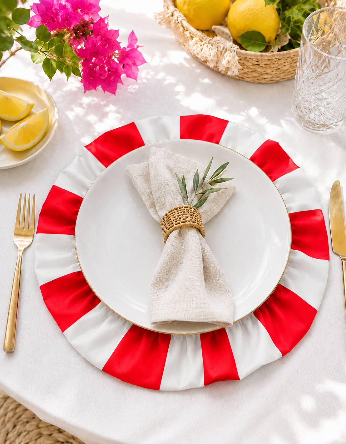 Tovagliette Americane Rotonde con Rouches Righe Bianco/Rosso