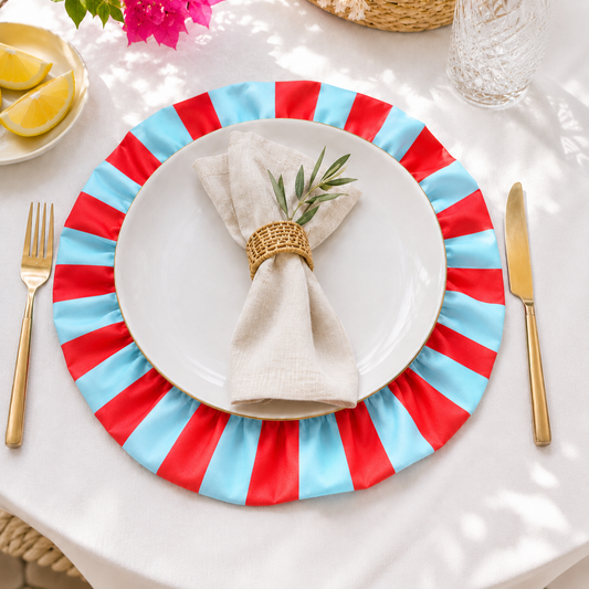 Tovagliette Americane Rotonde con Rouches Righe Celeste/Rosso