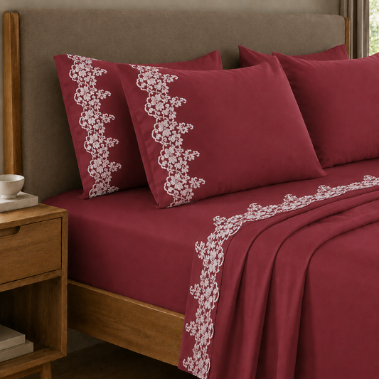 Lenzuola Percalle con Pizzo, Lenzuola Matrimoniali Cotone Bordeaux