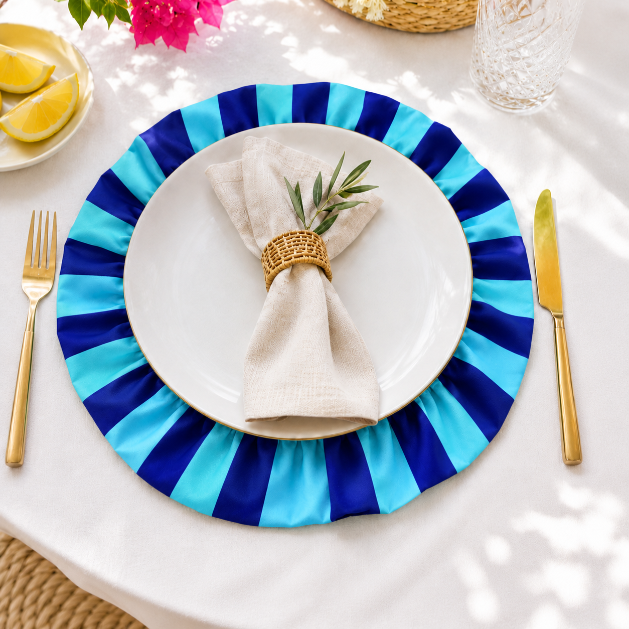 Tovagliette Americane Rotonde con Rouches Righe Celeste/Blu Elettrico