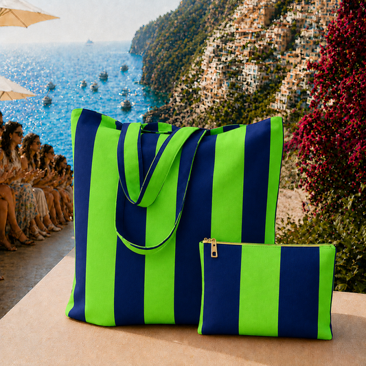 Collezione Mare in Stampa Digitale Righe Verde Fluo/Blu Notte.