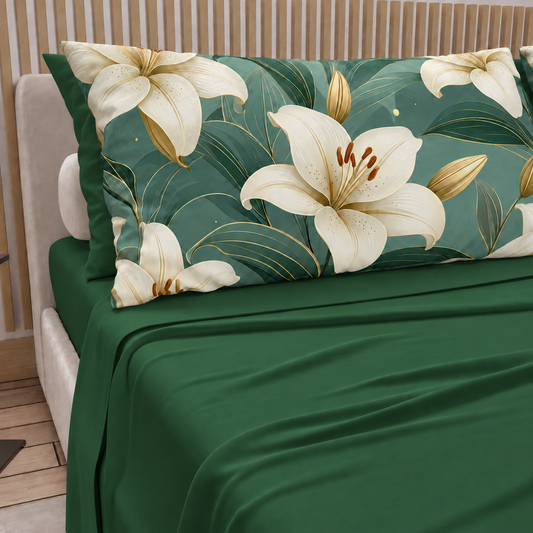 Lenzuola in Cotone, Completo Letto con Federe in Stampa Digitale Flora 07 Verde Scuro
