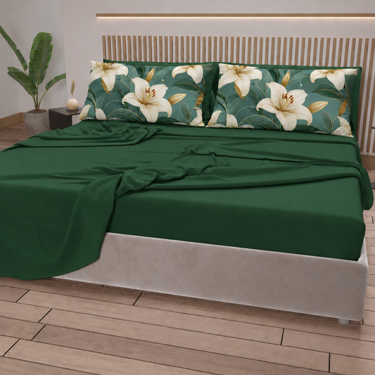 Lenzuola in Cotone, Completo Letto con Federe in Stampa Digitale Flora 07 Verde Scuro