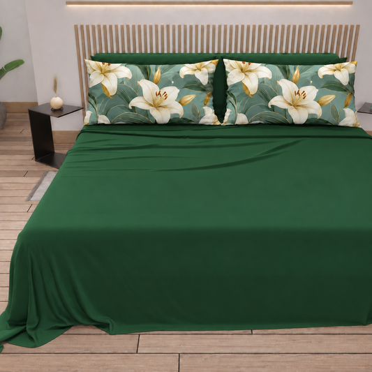 Lenzuola in Cotone, Completo Letto con Federe in Stampa Digitale Flora 07 Verde Scuro