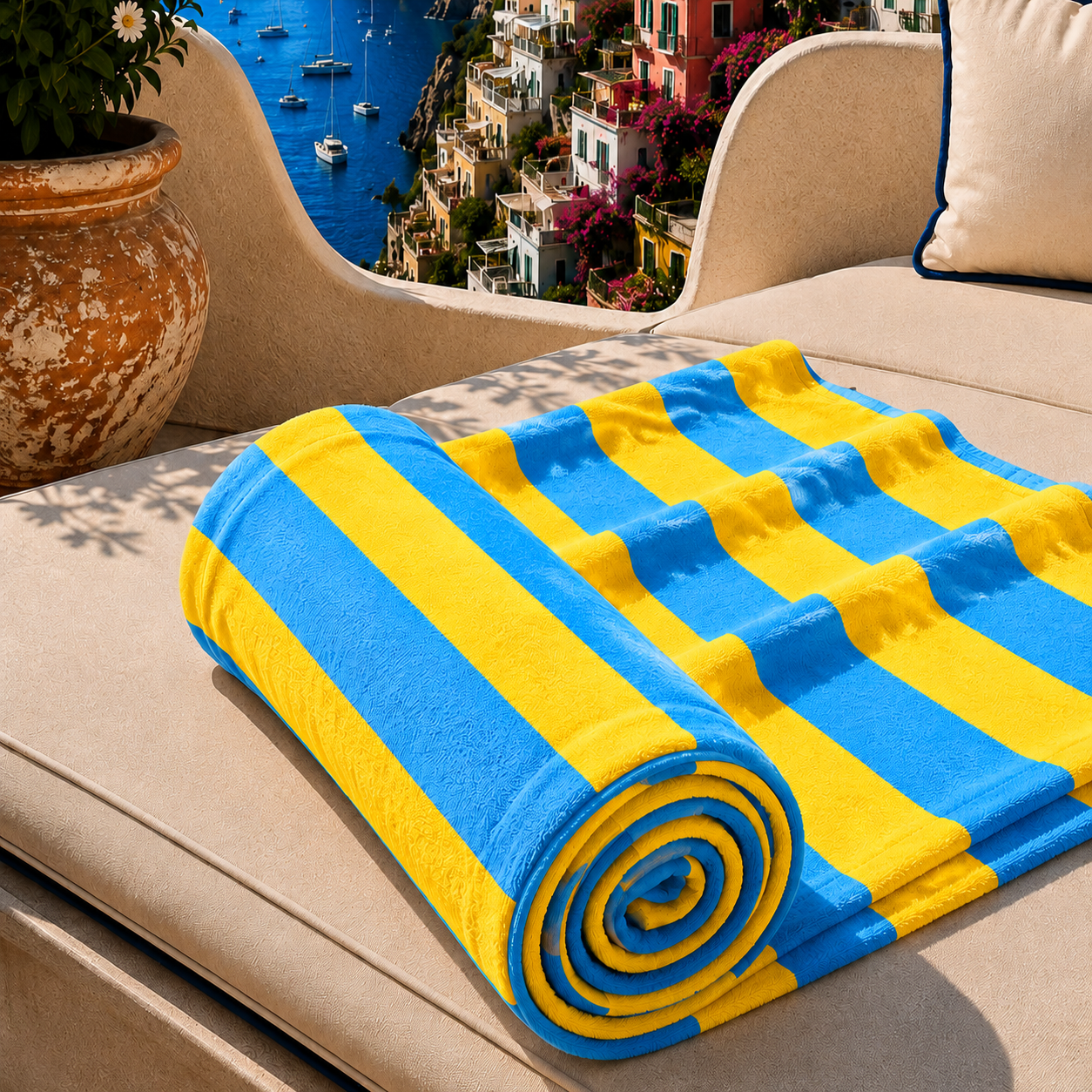 Telo Mare Microfibra, Asciugamano Mare, Telo per Lettino Righe Giallo/Celeste.
