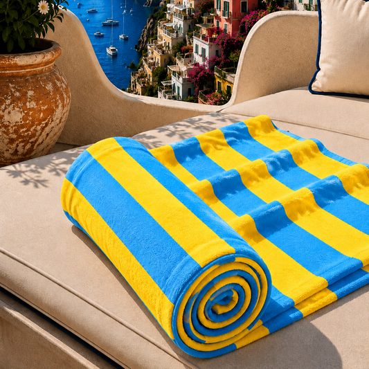 Telo Mare Microfibra, Asciugamano Mare, Telo per Lettino Righe Giallo/Celeste.