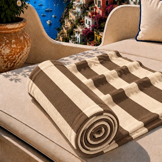 Telo Mare Microfibra, Asciugamano Mare, Telo per Lettino Righe Marrone/Beige.