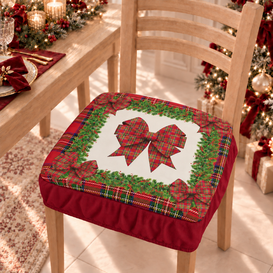 Coprisedia Natalizi con Elastico in Stampa Digitale Fiocco Tartan