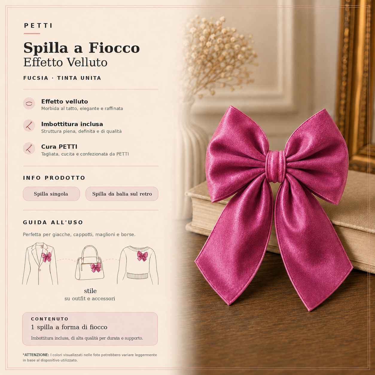 Spilla Decorativa a Fiocco in Effetto Velluto Tinta Unita Fucsia