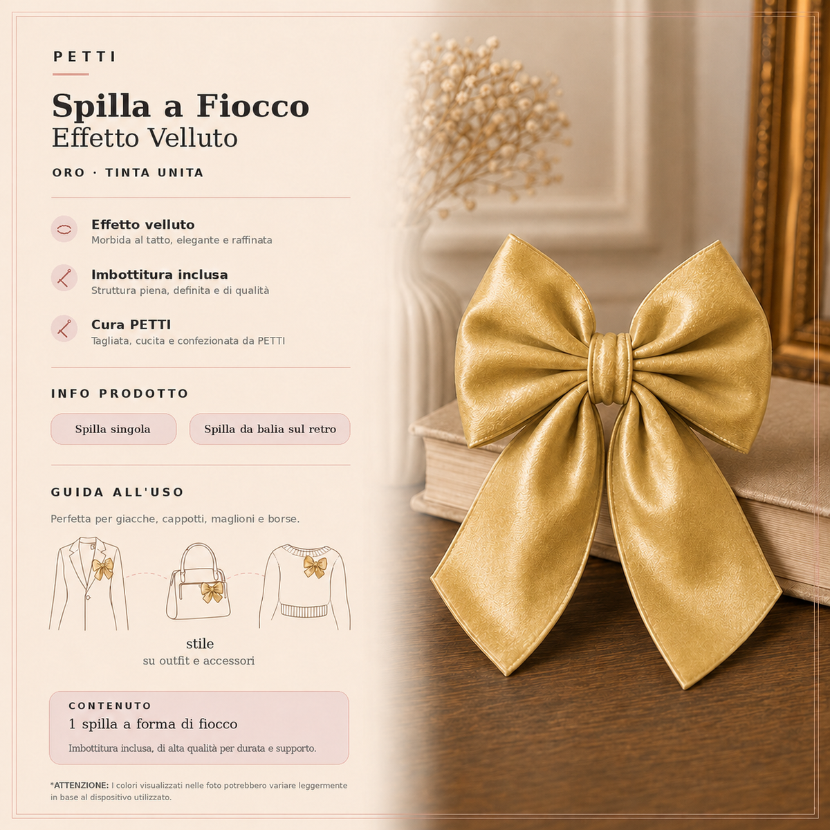 Spilla Decorativa a Fiocco in Effetto Velluto Tinta Unita Oro