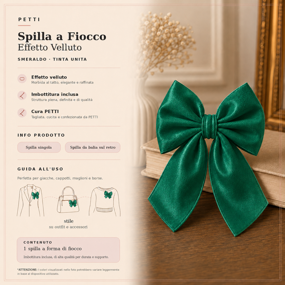 Spilla Decorativa a Fiocco in Effetto Velluto Tinta Unita Smeraldo