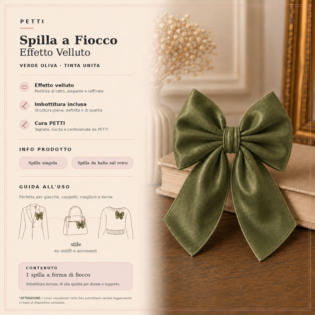 Spilla Decorativa a Fiocco in Effetto Velluto Tinta Unita Verde Oliva