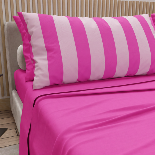 Lenzuola in Cotone, Completo Letto con Federe in Stampa Digitale Righe Fucsia/Rosa