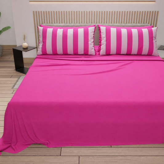Lenzuola in Cotone, Completo Letto con Federe in Stampa Digitale Righe Fucsia/Rosa