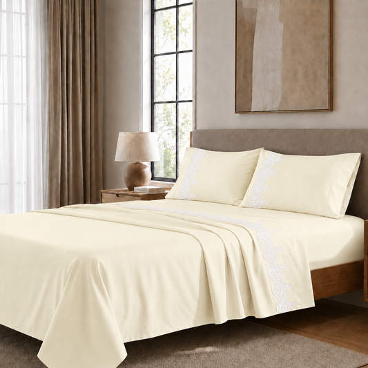 Percale Sheets with Lace, Cream Cotton Double Sheets