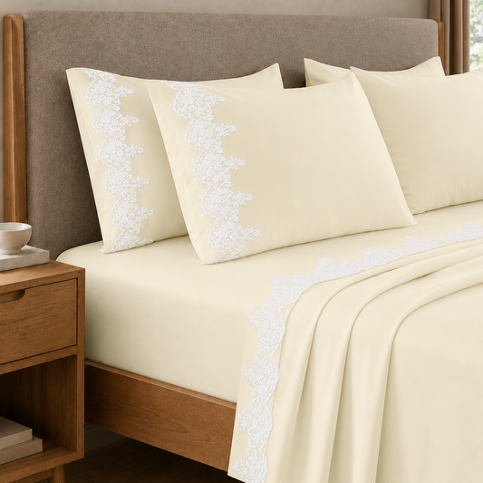 Percale Sheets with Lace, Cream Cotton Double Sheets