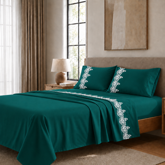 Lenzuola Percalle con Pizzo, Lenzuola Matrimoniali Cotone Ottanio