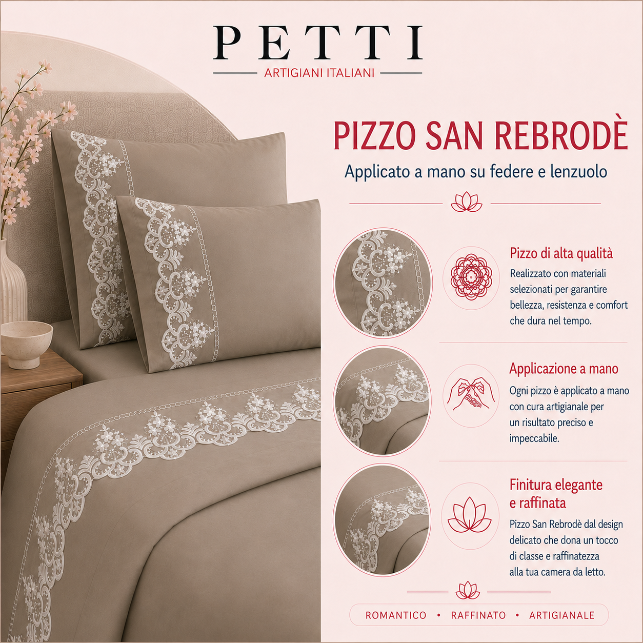 Lenzuola Matrimoniali in Puro Cotone Percalle con Balza in Pizzo Rebrode Ottanio