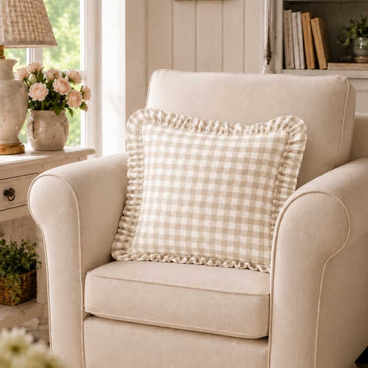 Cuscino Arredo con Rouches A Quadretti Beige