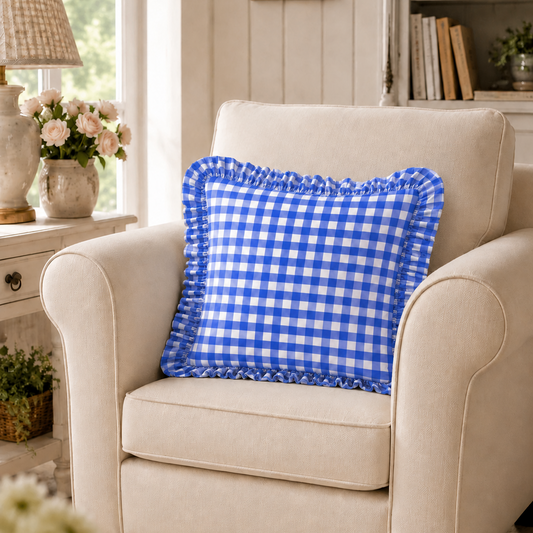 Cuscino Arredo con Rouches A Quadretti Blu Elettrico