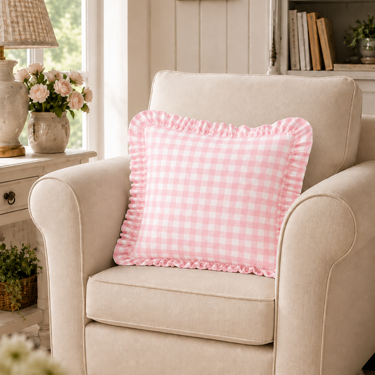 Cuscino Arredo con Rouches A Quadretti Rosa