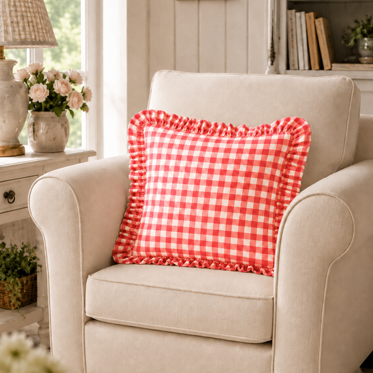 Cuscino Arredo con Rouches A Quadretti Rosso