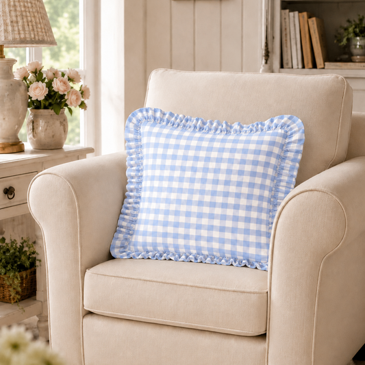 Cuscino Arredo con Rouches A Quadretti Celeste
