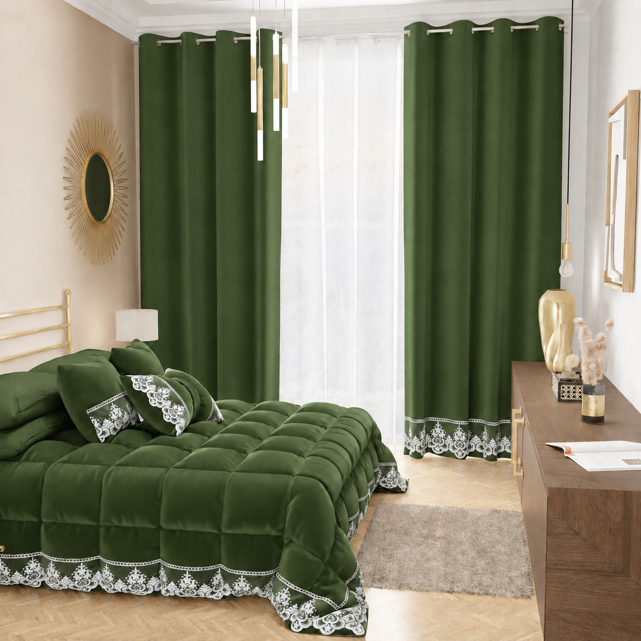 Tenda a Pannello in Velluto per Interni con Anelli e Pizzo Rebrodè, 140x280 cm, Verde Oliva.