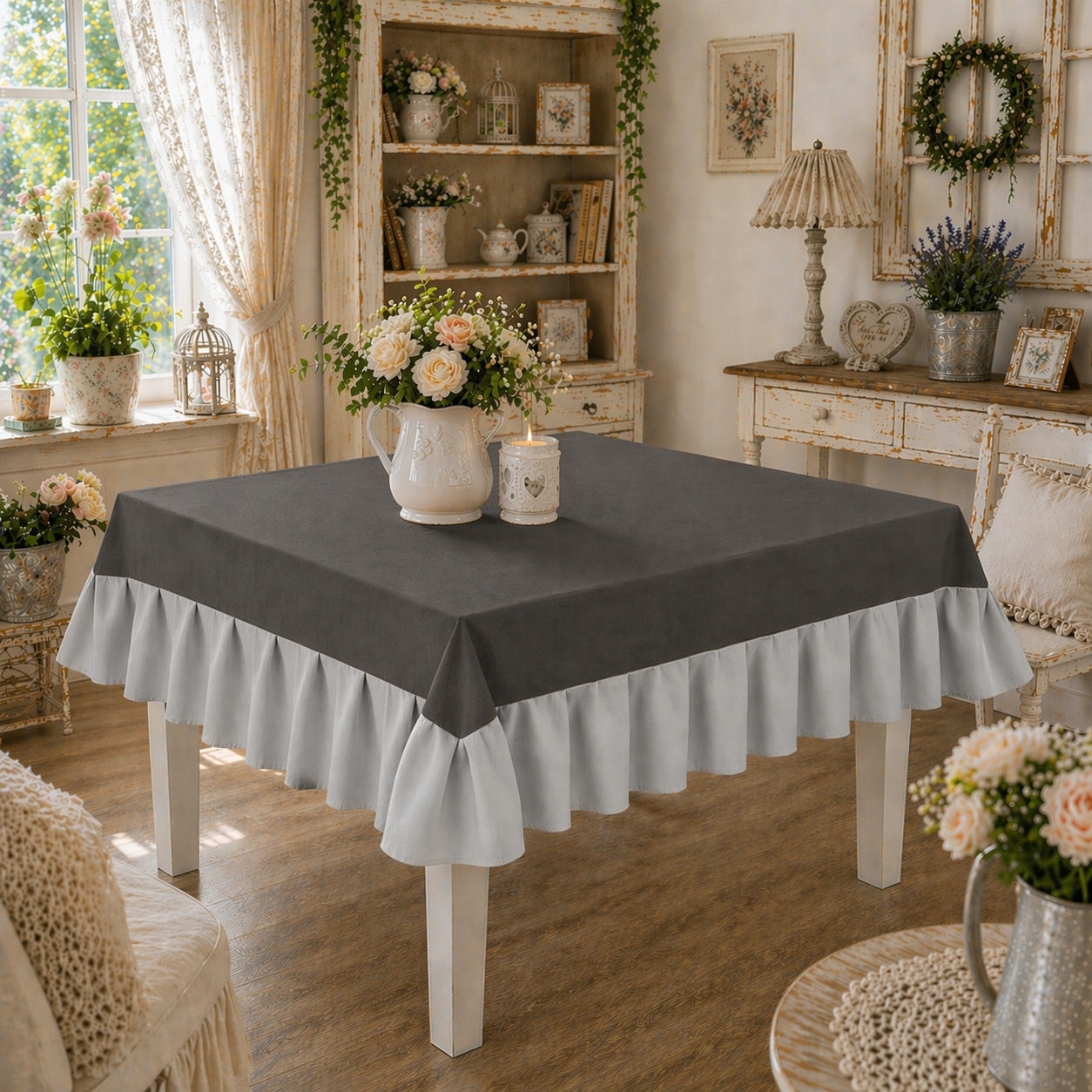 Tovaglia da Tavola Waterproof con Volant Grigio Scuro