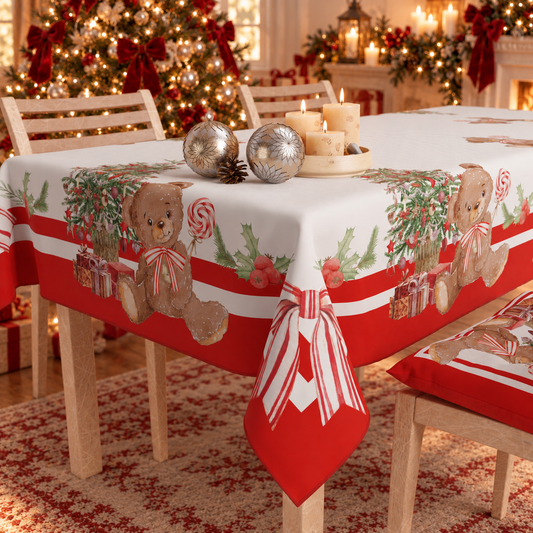 Christmas Tablecloth, Stain Resistant Tablecloth, Teddy Bear Kitchen Table Cover