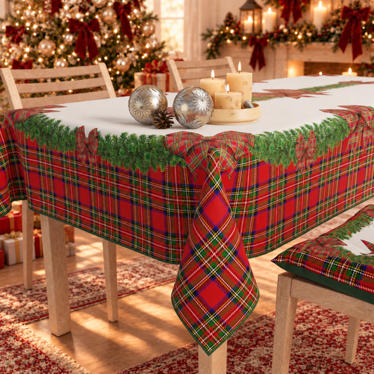 Tovaglia Natalizia, Tovaglia da tavola Antimacchia, Copritavolo da Cucina Fiocco Tartan, Fantasia Scozzese