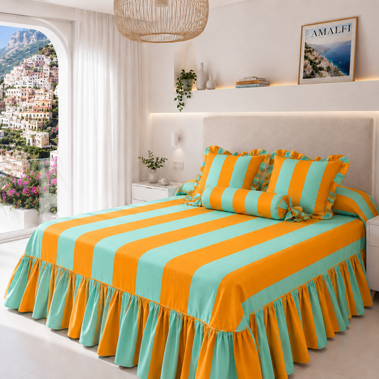 Lenzuolo Copriletto e Federe in Microfibra con Rouches Le Righe Arancione/Tiffany