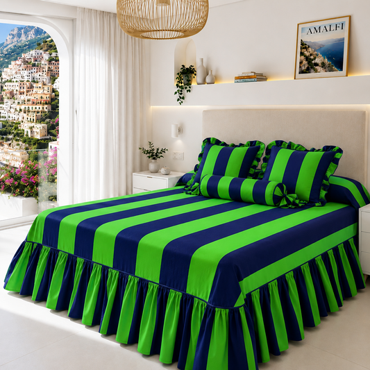 Lenzuolo Copriletto e Federe in Microfibra con Rouches Le Righe Verde Fluo/ Blu Notte