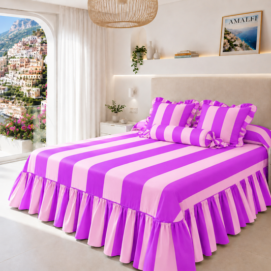 Lenzuolo Copriletto e Federe in Microfibra con Rouches Le Righe Viola/Rosa
