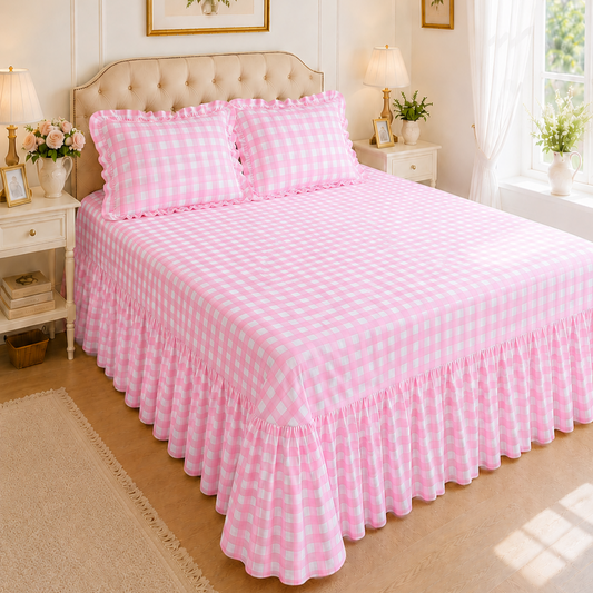 Lenzuolo Copriletto e Federe in Microfibra con Rouches A Quadretti Rosa