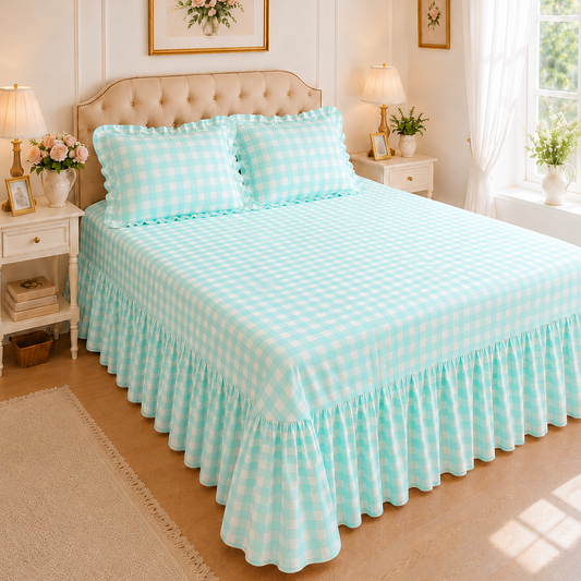 Lenzuolo Copriletto e Federe in Microfibra con Rouches A Quadretti Tiffany