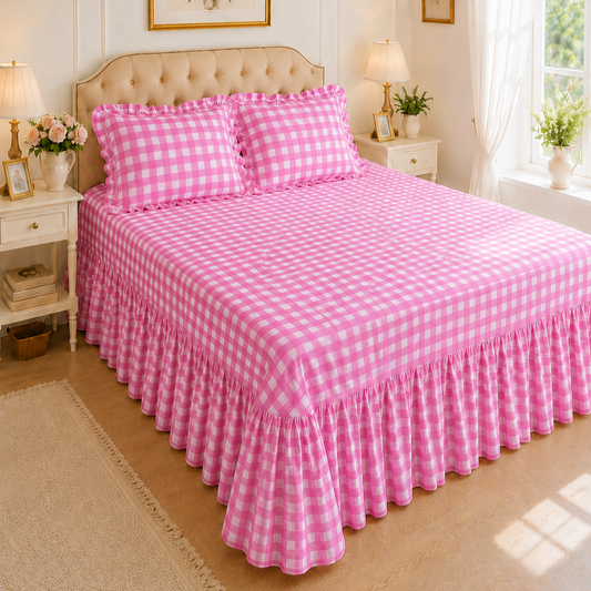Lenzuolo Copriletto e Federe in Microfibra con Rouches A Quadretti Fucsia