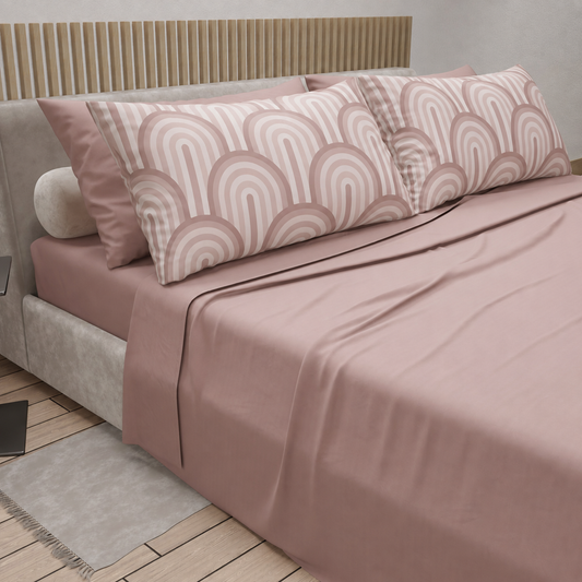 Lenzuola in Cotone, Completo Letto con Federe in Stampa Digitale Delta Cipria