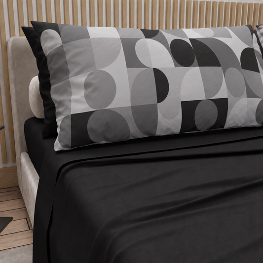 Lenzuola in Cotone, Completo Letto con Federe in Stampa Digitale Circle Grigio Nero