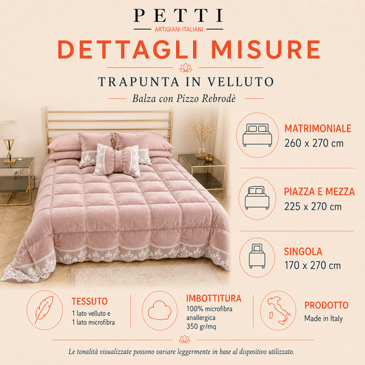 Trapunta Invernale in Morbido e Caldo Velluto e Balza con Pizzo Rebrodè Cipolla