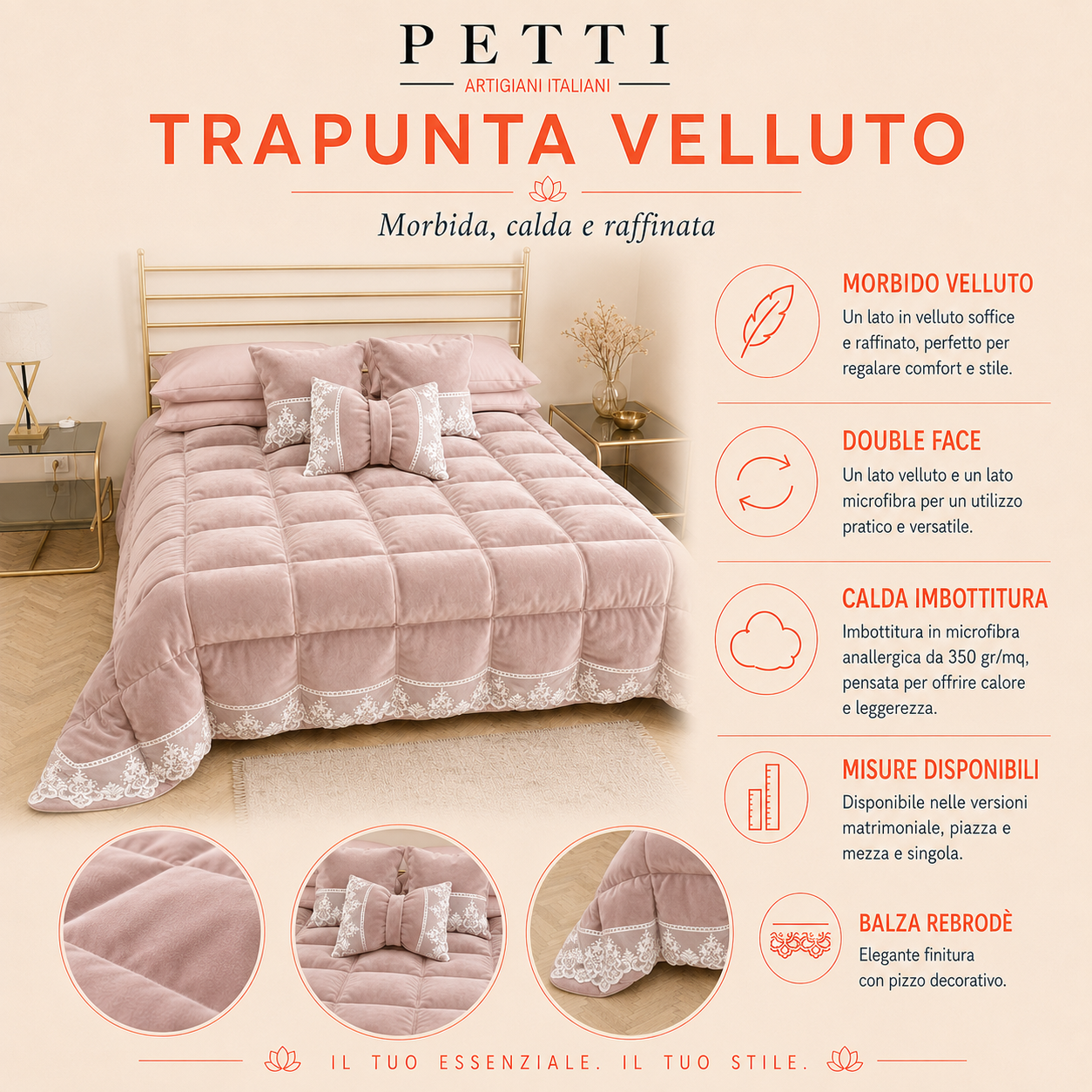 Trapunta Invernale in Morbido e Caldo Velluto e Balza con Pizzo Rebrodè Celeste Carta da Zucchero