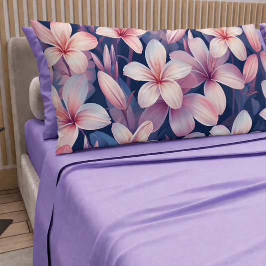 Lenzuola in Cotone, Completo Letto con Federe in Stampa Digitale Petalo 16 Lilla