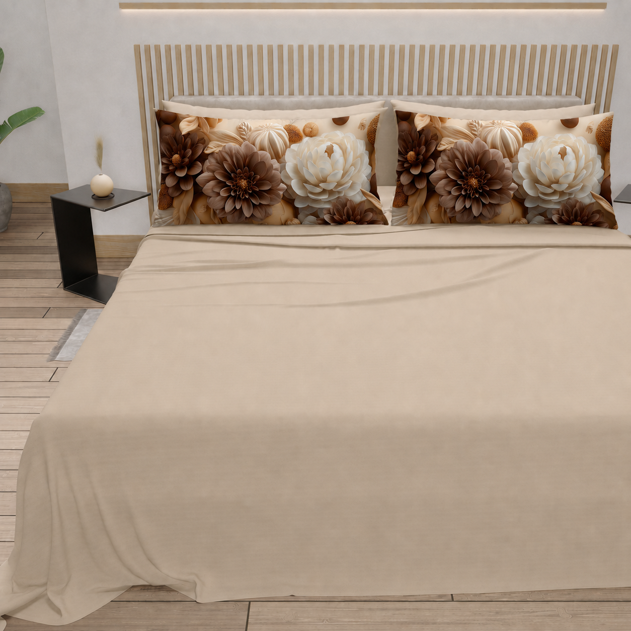 Lenzuola in Cotone, Completo Letto con Federe in Stampa Digitale Petalo 10 Beige.