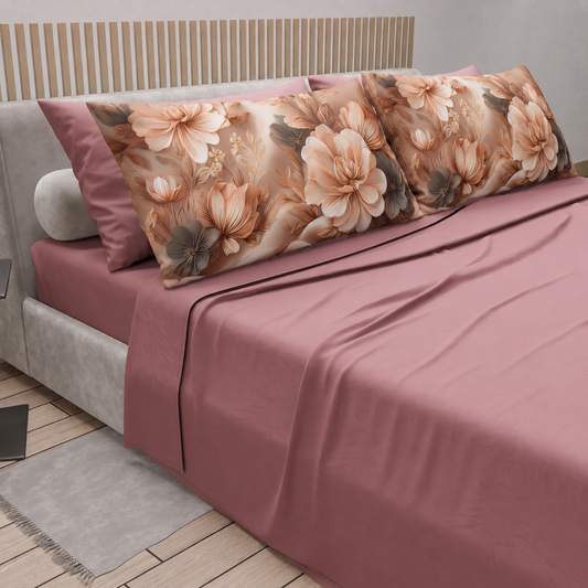Lenzuola in Cotone, Completo Letto con Federe in Stampa Digitale Petalo 25 Cipria Scuro