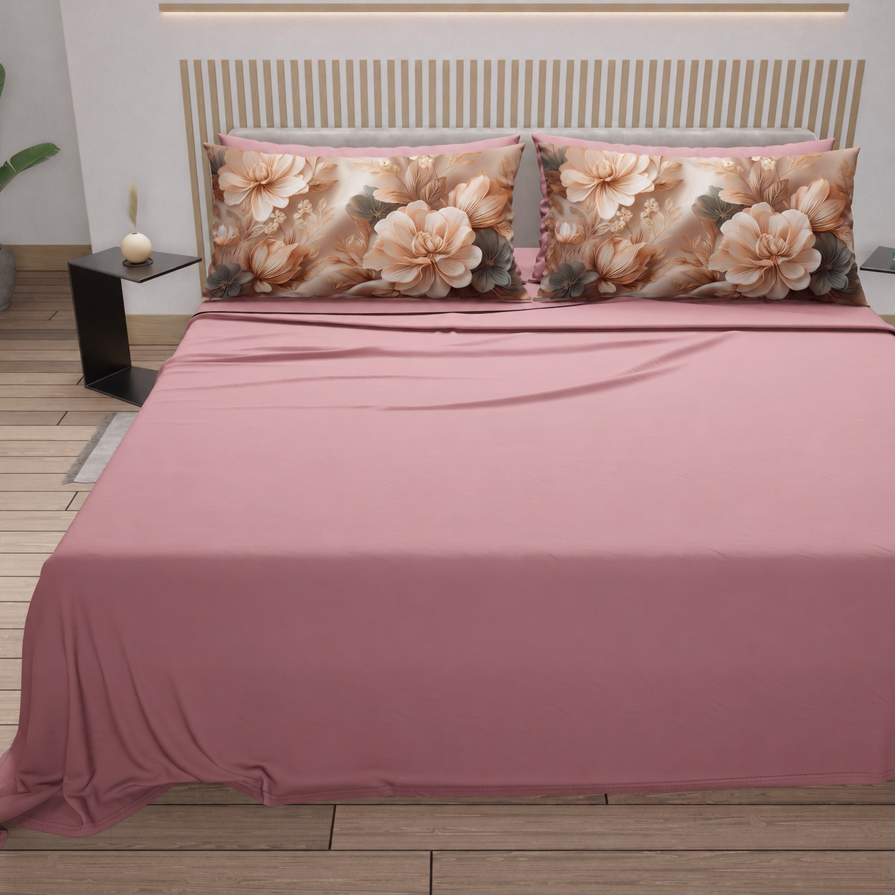 Lenzuola in Cotone, Completo Letto con Federe in Stampa Digitale Petalo 25 Cipria Scuro