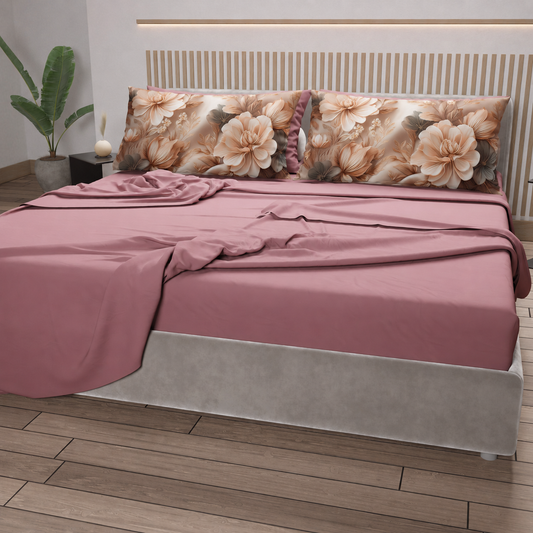 Lenzuola in Cotone, Completo Letto con Federe in Stampa Digitale Petalo 25 Cipria Scuro