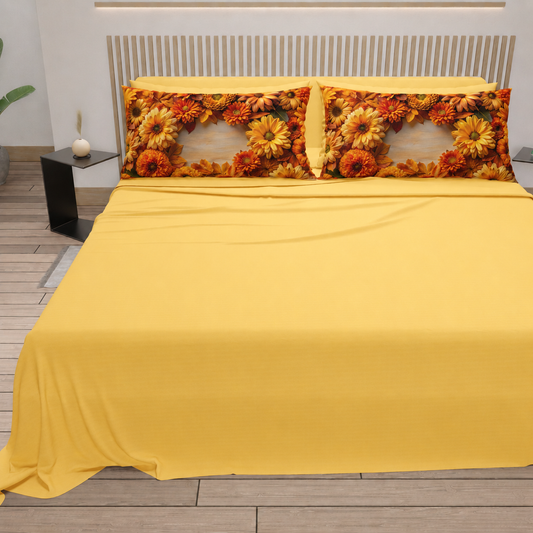 Lenzuola in Cotone, Completo Letto con Federe in Stampa Digitale Autunno 07 Giallo