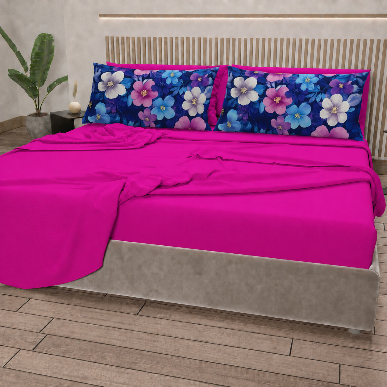 Lenzuola in Cotone, Completo Letto con Federe in Stampa Digitale Petalo 05 Fucsia
